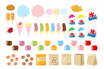 屋台の食べ物のスイーツのイラスト素材セット、フラットスタイルのベクターイラスト