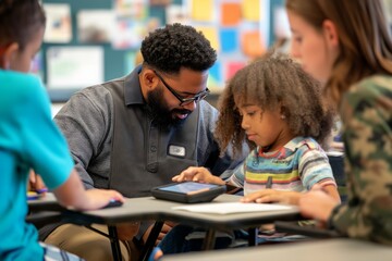 A teacher assists a student with a learning disability using an adaptive communication device in an inclusive classroom. Students of different abilities work together in a supportive and collaborative