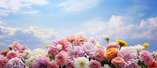 Floral arrangement against a picturesque sky backdrop, providing copy space image.