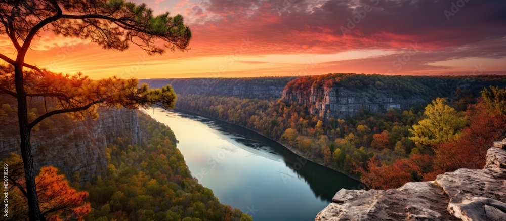 Poster scenic view overlooking a river, forest, and sunset with a red sky from a cliff with a mesmerizing l