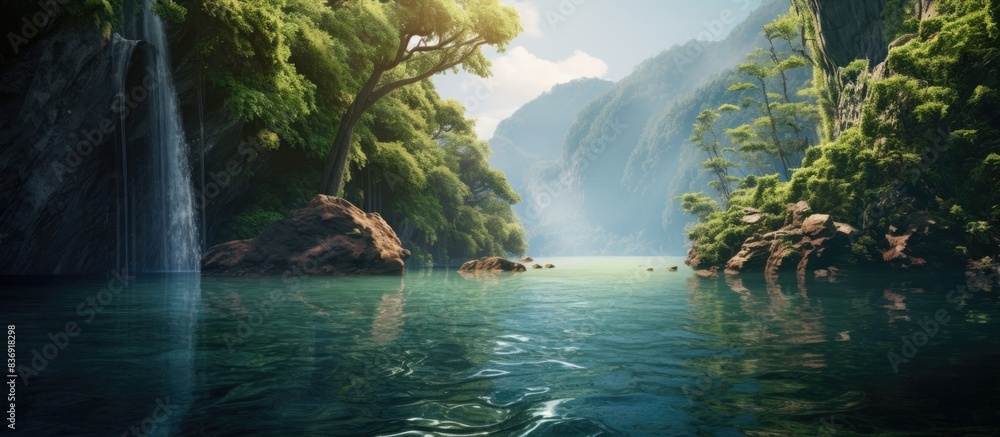 Poster on a bright summer day, cascading water flows down cliffs into a tropical lake, creating a serene sc