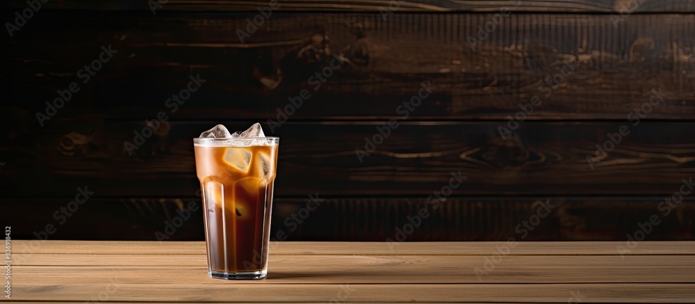 Poster iced coffee displayed on a wooden table with a blank copy space image.