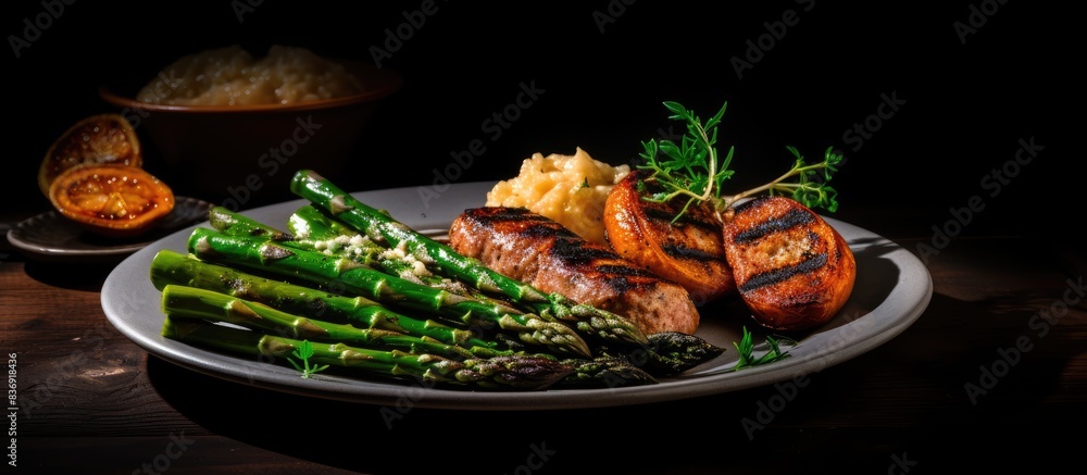 Poster Grilled sausage served with buttered asparagus and tart buns on a plate with copy space image.