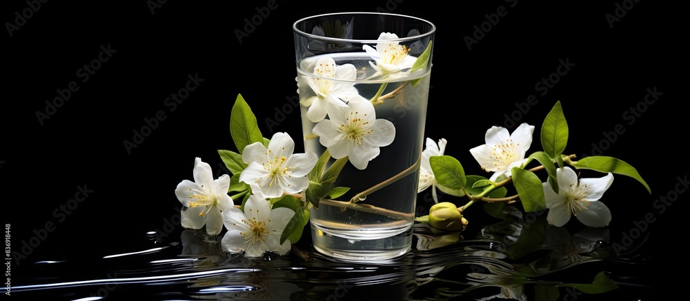 Poster white jasmine flowers floating in a misted glass of water with a cold drink on a black backdrop, ide