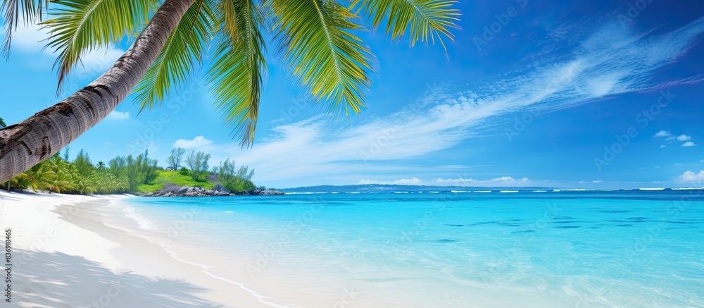Poster beach with palm trees and clear blue water, ideal for vacation or postcard backdrop, creating a sere