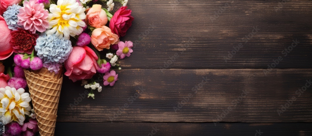 Poster rustic flower flat lay with a waffle cone chalkboard displaying flowers on a wooden backdrop, creati