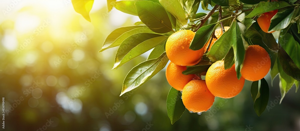 Poster Tangerines are ripening on trees in the orchard with copy space image.