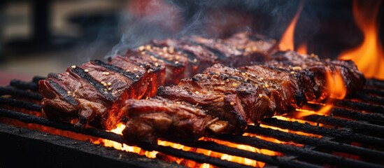 Grilled pork ribs and steak sizzling over an open flame at a street food festival with a rustic ambiance capturing the essence of the event in a vibrant copy space image.