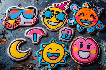 Cool Y2K Stickers Vector Pack. Set of Trendy Groovy Patches. Pop Art Smile Emoji Labels. Vaporwave...
