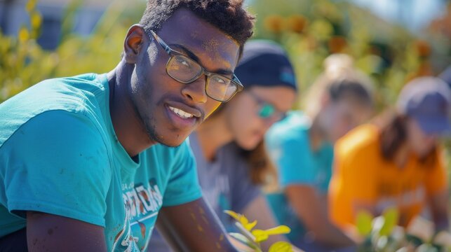 Volunteers working together on a community project, dedicated, helpful, cooperative, committed, bright colors, outdoor lighting, community center. Generative AI.