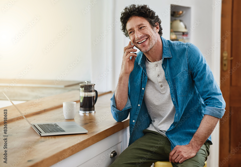 Poster man, home and kitchen counter with smile on phone call for networking, communication and connection.
