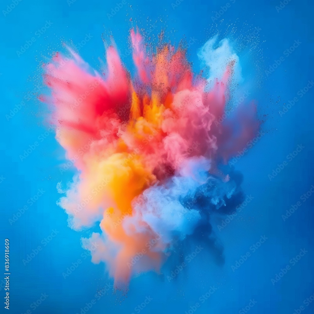 Aufkleber vibrant explosion of colorful powders against a blue background, creating a striking and dynamic vis