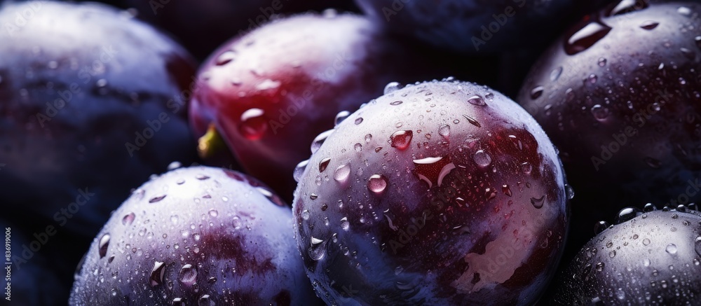 Poster Close-up macro image of fresh dark plums with copy space image.
