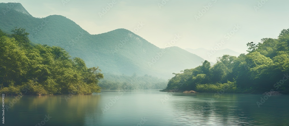 Poster scenic view with a river, trees, and copy space image.