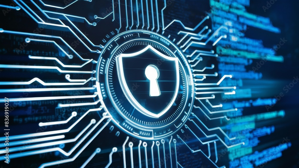 Poster cybersecurity or data protection, representing circuitry or digital data streams