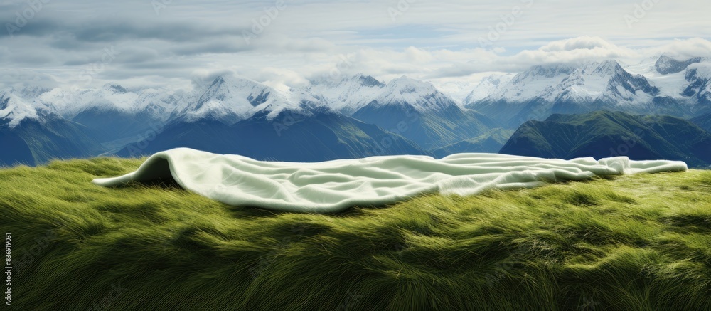 Aufkleber Grass blankets the terrain with a scenic backdrop of snowy mountains, creating a serene copy space image.