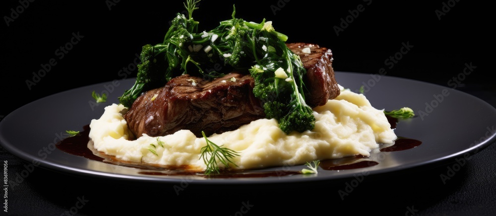 Poster beef steak and mashed potatoes with greens on a white plate against a black background, creating a b