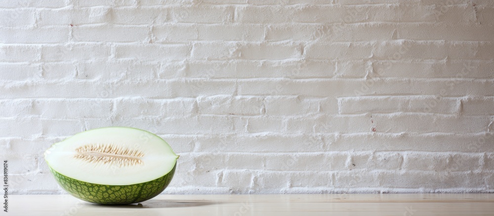 Poster copy space image of a seed-filled melon slice on a table, displaying white and green hues, set again