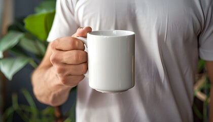 Man holding white mug indoors, closeup. Mockup for design