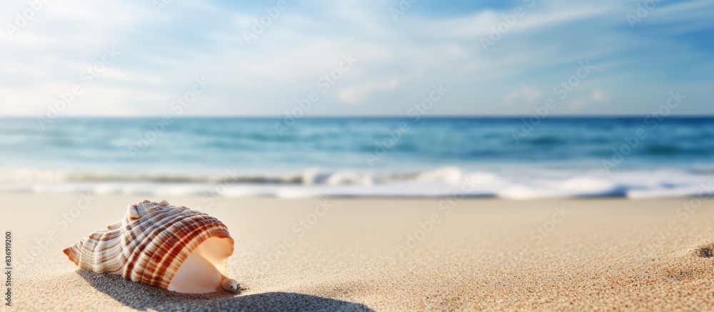 Poster beach landscape featuring a shell on the sand, perfect for background use in photography with copy s