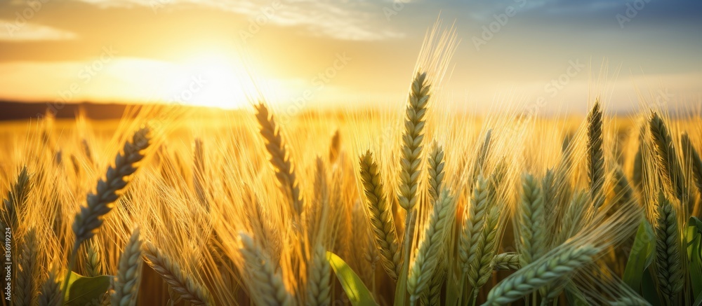 Poster sunset illuminating young wheat field with a peaceful ambiance, suitable for a copy space image.