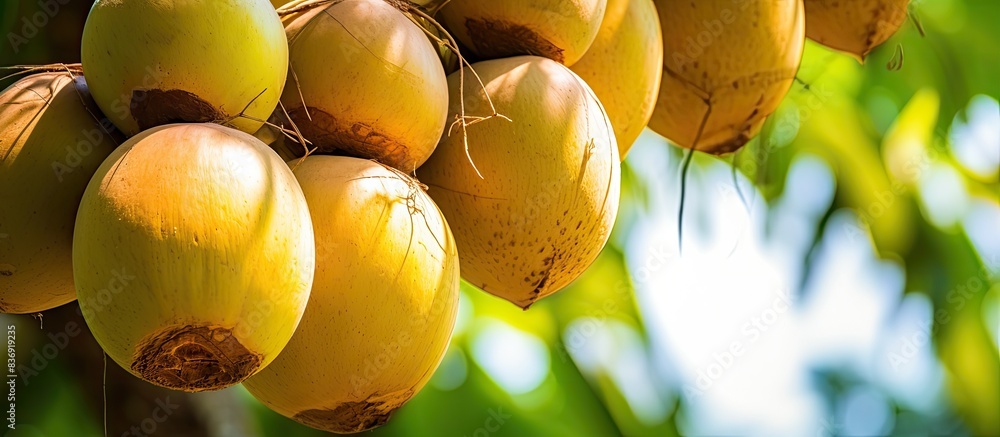 Poster Close-up of a cluster of ripe yellow coconuts on a tree with ample copy space image.