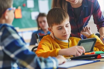 A teacher assists a student with a learning disability using an adaptive communication device in an inclusive classroom. Students of different abilities work together in a supportive and collaborative