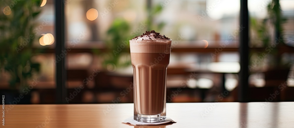 Poster a cold chocolate drink in a glass sits on a table inside a cozy cafe restaurant, leaving plenty of s