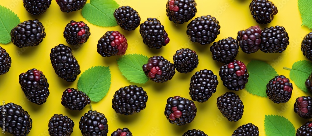 Aufkleber Ripe blackberries arranged in a flat lay composition on a colorful background with copy space image.