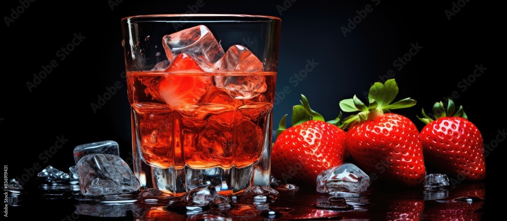 Aufkleber a wooden table displaying fresh ripe strawberries next to a glass of water with ice cubes, with a cl