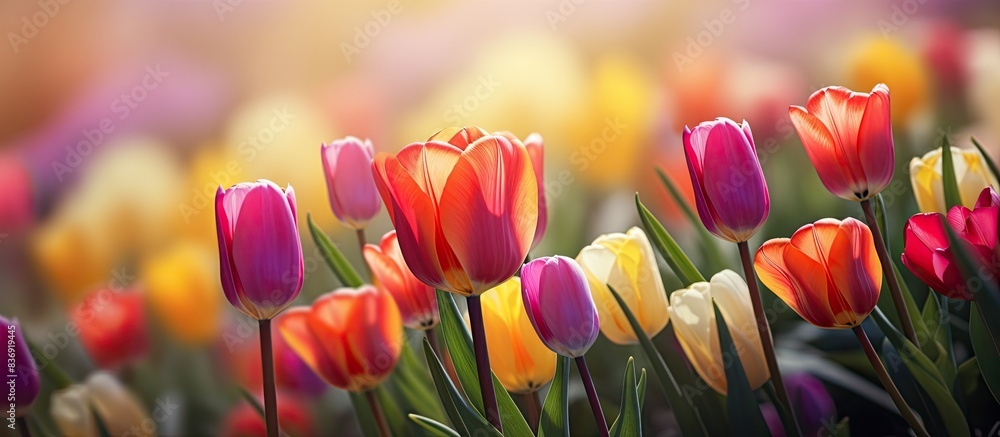 Poster a lovely arrangement of colorful tulip flowers in a garden during spring with a soft focus, close-up