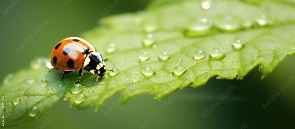Aufkleber Ladybug on green leaf in detailed macro view with copy space image.