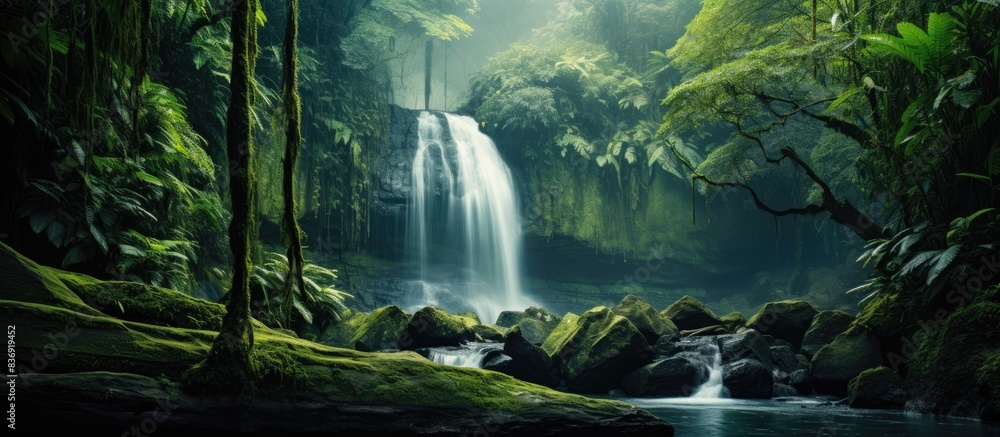 Poster Scenic waterfall cascading over rock formation in lush rainforest setting with copy space image.