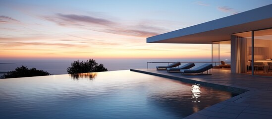Modern patio and infinity pool overlooking ocean at sunset.