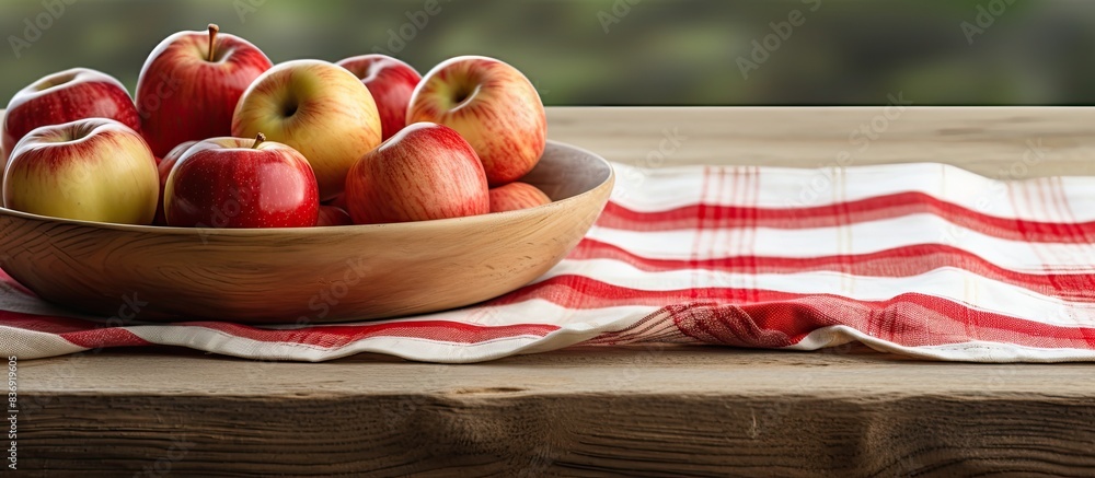 Poster A display of apples on a rustic wooden cutting board alongside a striped dish towel, with empty space for additional images.