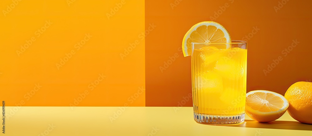 Poster a dark yellow natural drink in a glass is positioned against a bright background with available copy