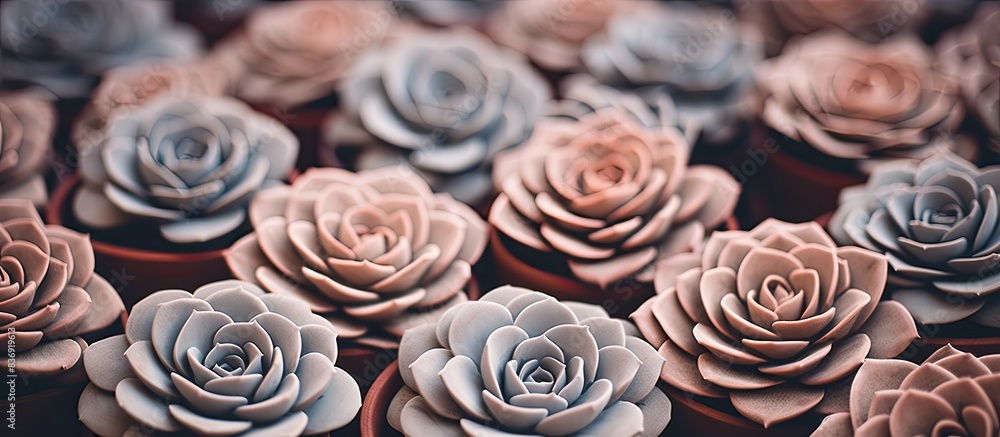 Poster selective focus on small succulent rosettes in a clay pot, with tinted copy space image.