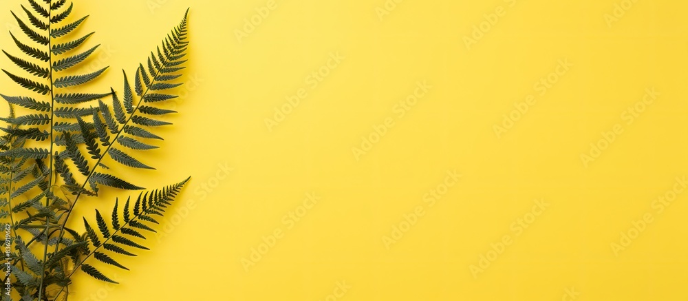 Poster top view flat lay of a fern on yellow paper background with ample copy space image.