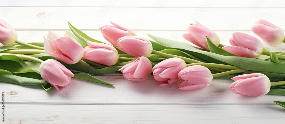 Poster pink tulips displayed on a white wooden table with plenty of copy space image.