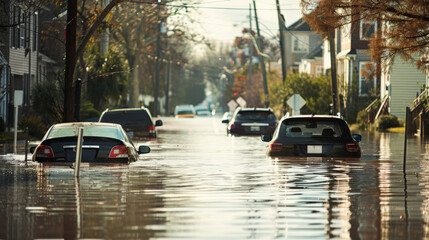 Flooded residential street with partially submerged cars after heavy rainfall