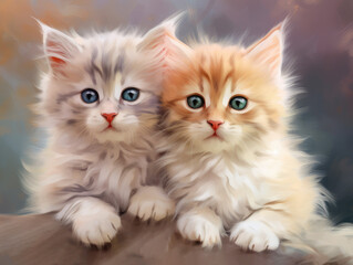 Fototapeta premium Cat with two kittens. Digital art.