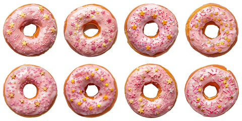 Set of Donut With Pink Frosting And Star Sprinkles isolated on transparent png background collection set . Generative ai