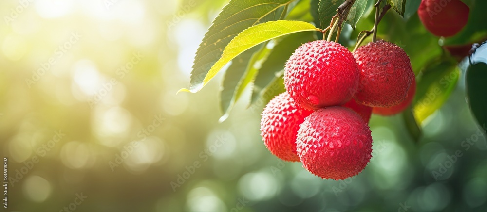 Poster Image of a ripe red lychee hanging on a tree in the garden with copy space image.
