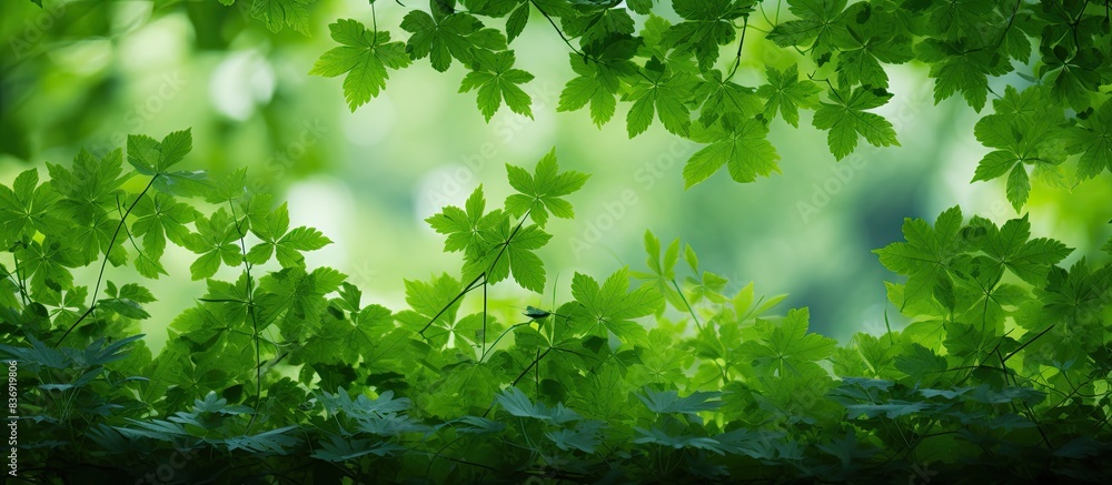 Poster A lush pattern of green leaves against a backdrop of a natural forest with copy space image.