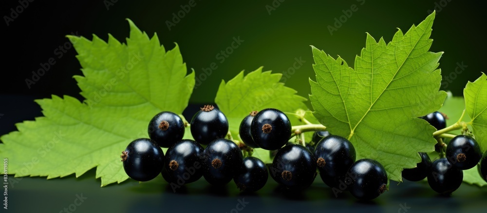 Poster A black currant with a vibrant green leaf in the background is shown in the copy space image.