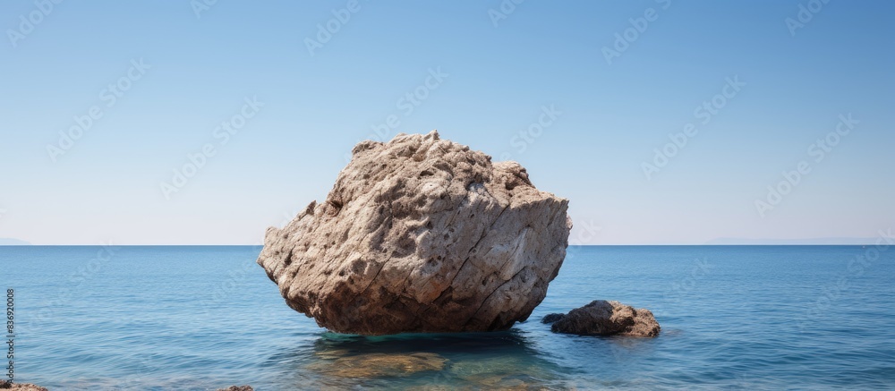Poster A rock hovering above the ocean with a serene backdrop and plenty of copy space image.