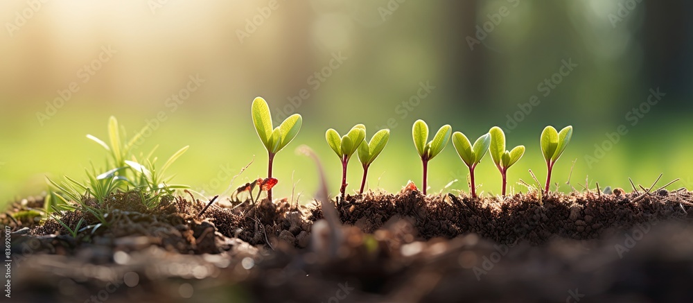 Poster Fresh cherry tree sprouts in a spring garden setting, with a background suitable for text or design overlay - copy space image.
