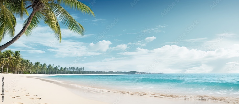 Aufkleber a serene tropical beach with a blurred ocean backdrop and room for showcasing products, creating a m