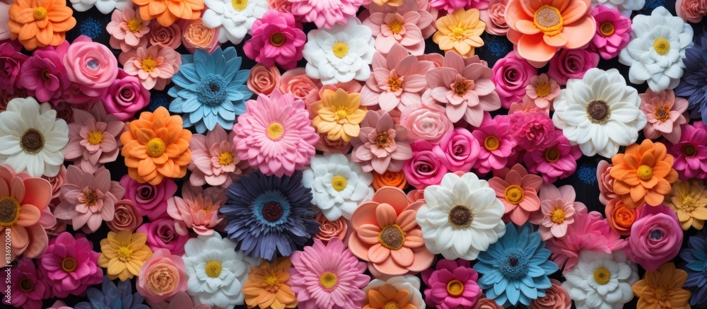 Poster Colorful flower wall with decorative elements creating a vibrant backdrop for photos, ideal for adding text or graphics with copy space image.