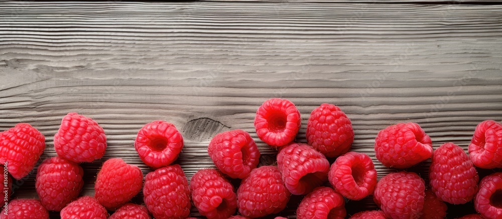 Poster Red raspberries arranged nicely on a grey wooden surface with a blank space for adding text or additional images, known as a copy space image.